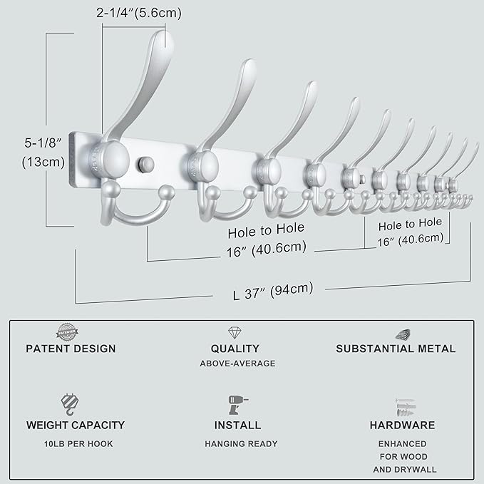 Dseap MaxStrong 2.0 Coat Rack Wall - 37” Long 10 Tri Hooks - Ultra Heavy-Duty Stainless Steel Wall Mount Coat Hanger, Hook Rail for Clothes Hats Jacket Towels Silver