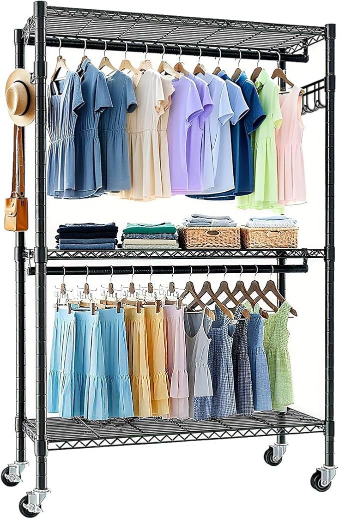 Heavy Duty Rolling Clothes Rack, 3 Tiers Adjustable Rolling Metal Garment Rack with 2 Clothes Rails and Side Hooks, Freestanding Portable Storage Closet Organizer on Wheels (Black)