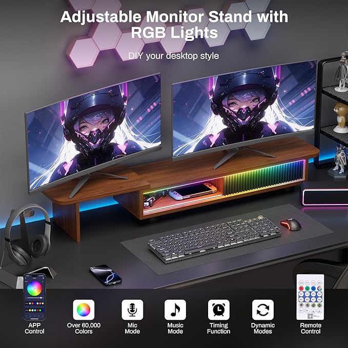 Artswish Wood Monitor Riser Stand with Charging Station & Light Strip, Adjustable Angle Dual Monitor Stand for Desk, Computer Desk Shelf with Sliding Door, Wooden Organization for Top of Desk, Walnut