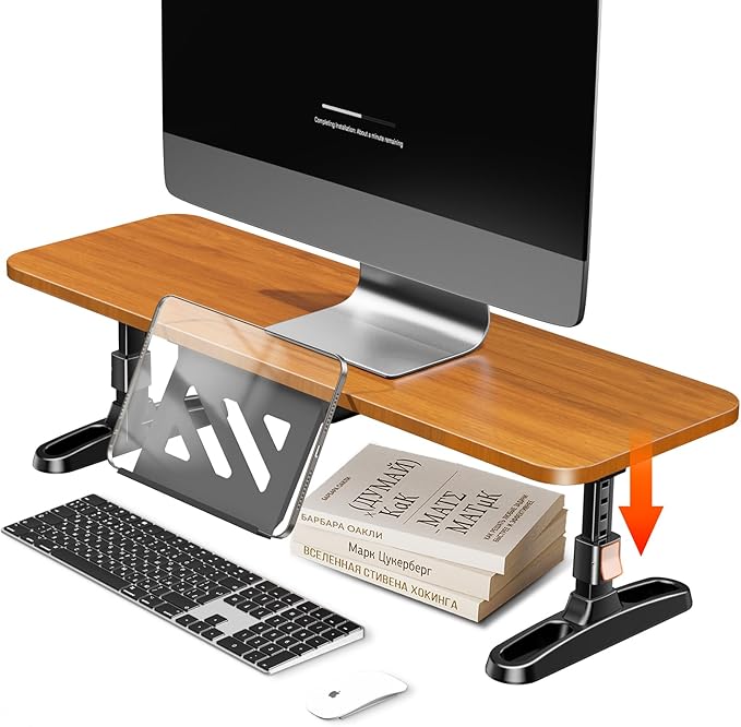 Wooden Monitor Stand Riser for Desk,Adjustable Height Monitor Shelf Riser with Phone Holder,Desk Storage Organizer Accessories,Wood Computer Screen Stands for Office,Home,Laptop,Printer,TV