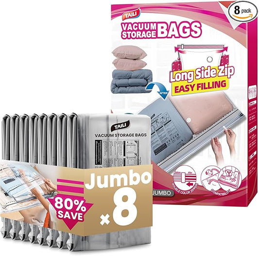 TAILI 8 Pack Vacuum Storage Bags, Jumbo Size 39x28 inch, LONG SIDE ZIP Vacuum Seal Bags for Beddings, Extra Large Storage Space Saver for Clothing, Comforters, Blankets, Pillows