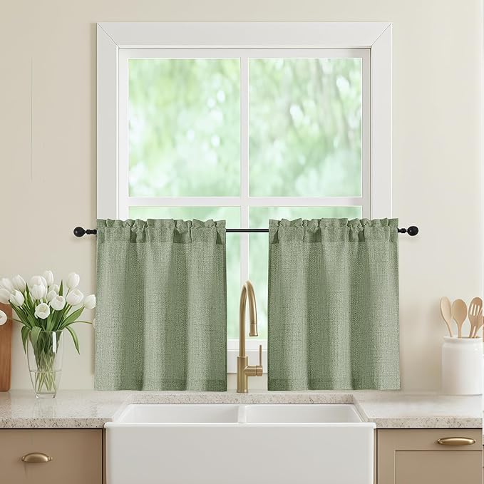 Sage Green Kitchen Curtains 24 Inch Length 2 Panels, Light Filtering Faux Linen Textured Short Curtains Tier for Windows, Small Curtain for Cafe Cabinet Bathroom Basement RV Camper, 30Wx24L