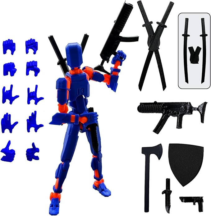 (Assembly Completed) 3D Printed Figure 5.54-inch Dummy13 with Weapon Expansion Set, Full Body Mechanical Movable Toy, Desk Decoration. (Dark Blue)