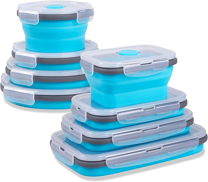 8 Pack Collapsible Food Storage Containers with Lids, Silicone Collapsible Food Containers, Collapsible Storage Containers Sets for Snack Camping RV, Microwave Freezer Dishwasher Safe, Blue