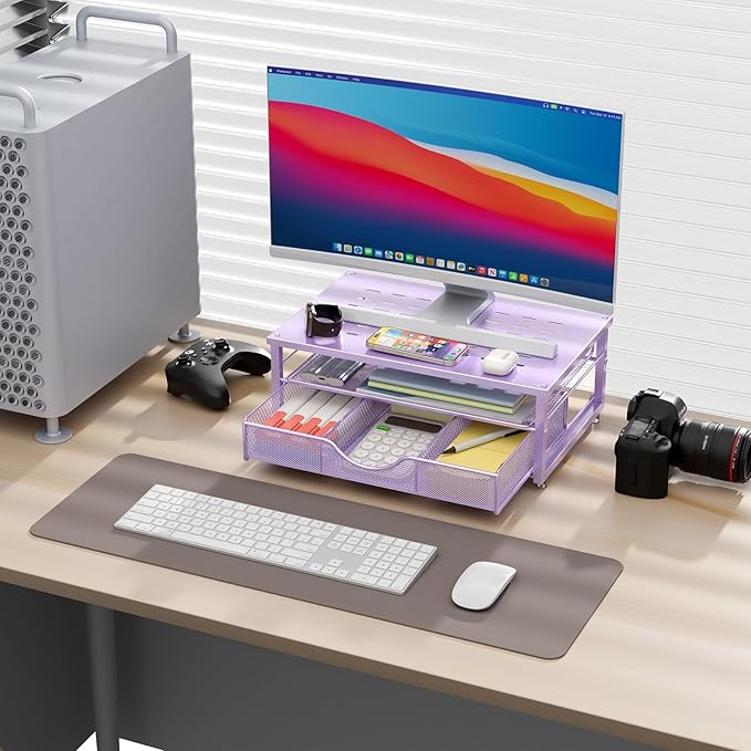 gianotter Computer Monitor Stand Riser, office organizer with Drawer, Office Organizers Storage for Classroom Office Supplies (Purple)