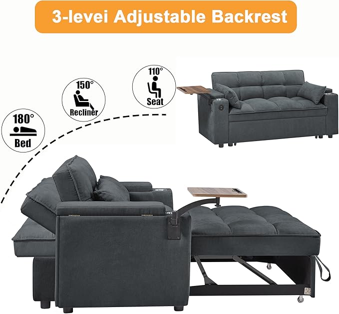 65'' Convertible Sleeper Sofa Bed with Adjustable Backrest, Chaise Lounge, Side Table & USB/Type-C Ports – Stylish & Functional Addition to Any Living Room (Fashion Pink)