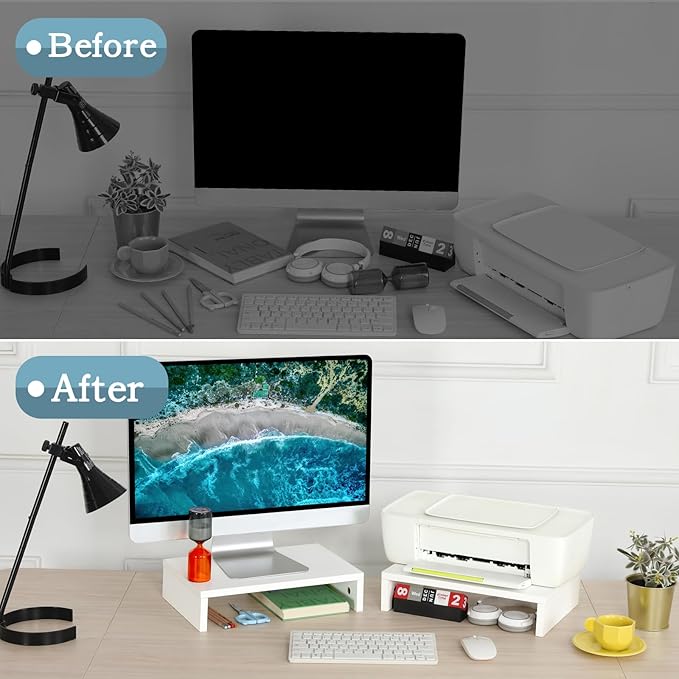 TEAMIX White Monitor Stand Riser - 2 Pack, Wood 2 Tier Adjustable Dual Monitor Riser for Laptop/PC Computer Stand for Desk