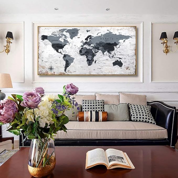 Framed wall art World Map Wall Art Canvas Picture 30inchx60inch Large Black and white Map of The World Canvas Painting Artwork Prints for Office Wall Decor Home Living Room Decorations Framed Ready to Hang