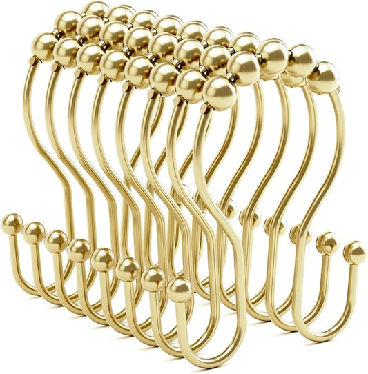 Gold Shower Curtain Hooks, Shower Curtain Hook Shower Curtain Rings Rust Proof Smooth Double Shower Curtain Hooks, Shower Hooks for Shower Curtain Bathroom Shower Rod Hook 12 Pcs