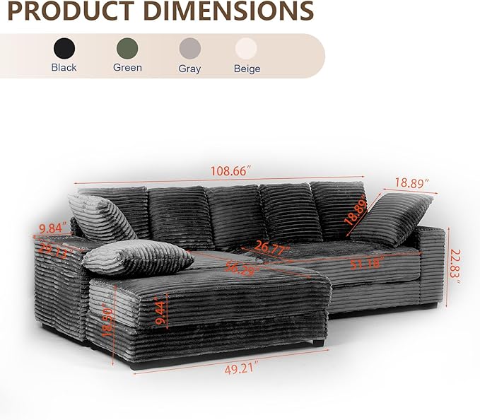 108" Oversized Sectional Sofa Modular Deep Seat Sofa Couch with Storage Ottoman, Modern Comfy Upholstered Cloud Couches, L-Shaped Corduroy Sofa Chaise with 8 Pillows for Living Room, Apartment, Beige