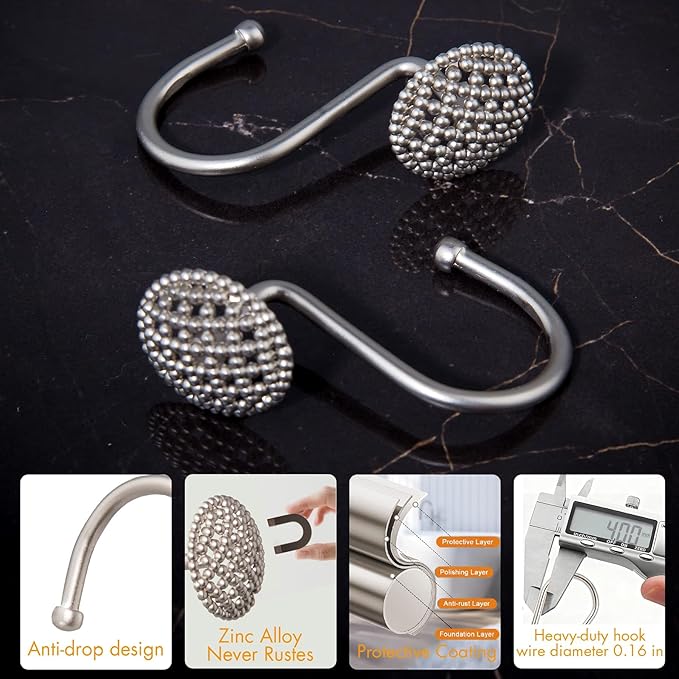 Pearlbee Nickel Shower Curtain Hooks, Rust Proof Shower Curtain Rings for Bathroom, Metal Shower Hooks for Shower Curtain Rod, Modern Decorative Shower Curtain Hangers Set of 12
