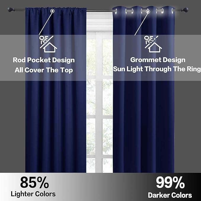 RYB HOME Blackout Curtains for Living Room, Room Darkening Small Window Treatment Thermal Insulated Privacy Blinds for Bedroom Bathroom Dining Room, Marine Blue, W42 x L63 inch, 2 Panels