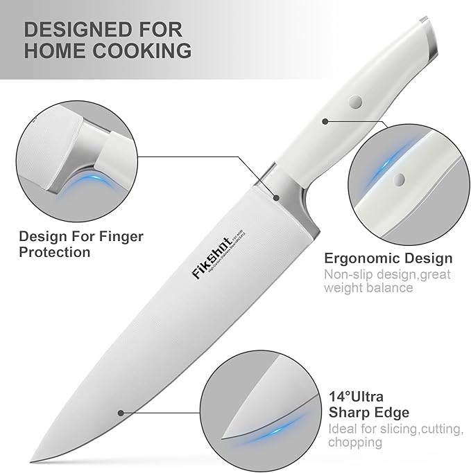 Knife set, Fikshot 14-Piece White knife set with Block, Elegant White Kitchen Knife Set for Ladies, Stainless Steel Knife Set with Sharpener, Dishwasher Safe (WHITE)