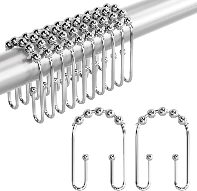 AmazerBath Shower Curtain Hooks Chrome Metal Shower Curtain Rings Rust Proof, Double Sided Shower Curtain Hooks for Shower Curtain Liner Smooth Shower Hooks Rings for Bathroom, Shower Rod Hook 12Pcs