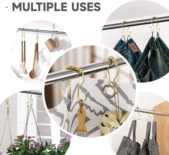 Gold Shower Curtain Hooks, Shower Curtain Hook Shower Curtain Rings Rust Proof Smooth Double Shower Curtain Hooks, Shower Hooks for Shower Curtain Bathroom Shower Rod Hook 12 Pcs