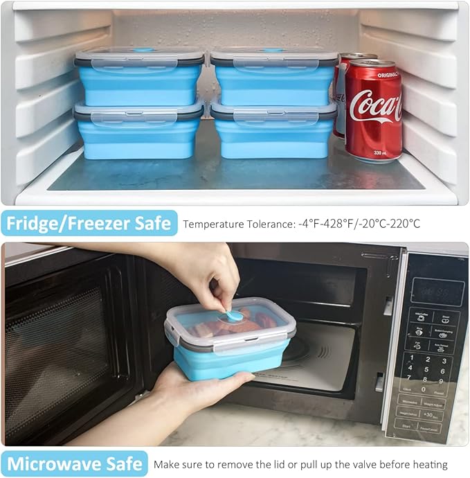 Collapsible Food Storage Containers with Airtight Lid & Air Vent, 16.9 oz, Kitchen Stacking Silicone Collapsible Meal Prep Container Set for Leftover, Microwave Freezer Dishwasher Safe, Blue, Set of 4