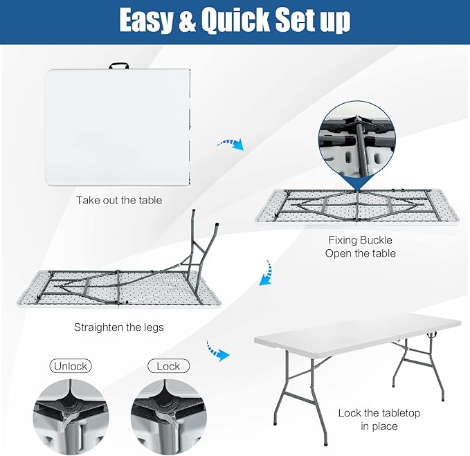 S AFSTAR 6FT Plastic Folding Tables, Indoor Outdoor Heavy Duty Camping Table with Carry Handle, 330 LBS Load Capacity, Easy Fold Up Rectangle Table for Picnic Camping Beach BBQ, No Assembly, White