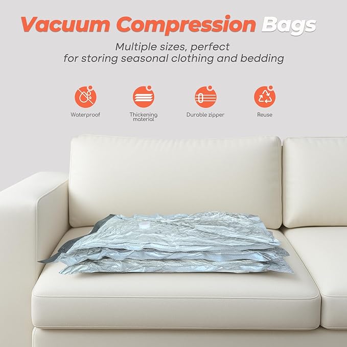 Vacuum Seal Bags for Clothing, 8 Pack 39" Vacuum Storage Bags with Rechargeable Cordless Pump Compression Packing for Clothes Blankets Space Saver for Queen-Size Duvets Comforters Pillows