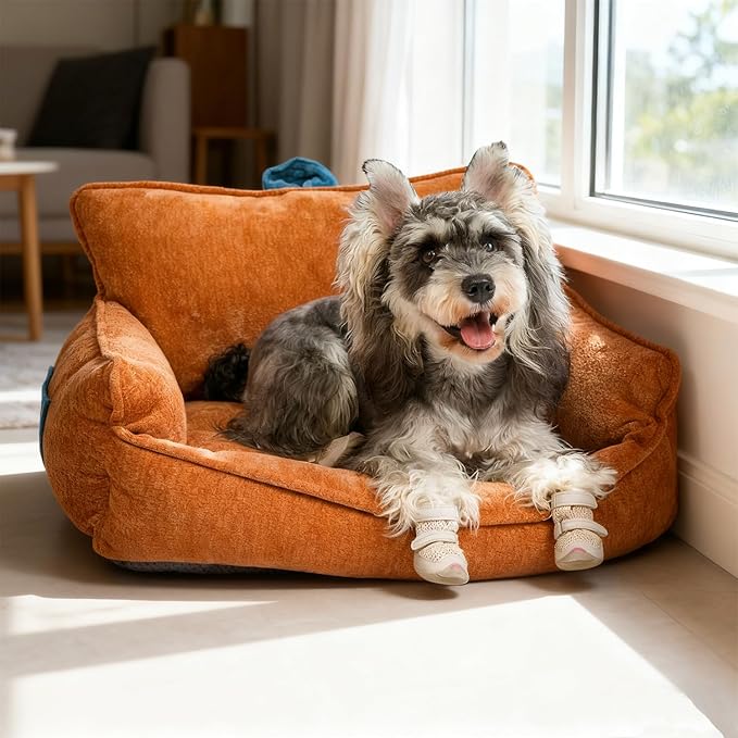 Small Dog Bed, Washable Pet Bed with Removable Cover, with Sides, Carry Handle & Side Pockets .Plush Chenille Orthopedic Pet Bed Couch for Small Breed Dogs & Cats .Calming