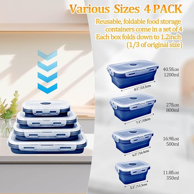 Collapsible Silicone Food Storage Container, Meal Prep Food Storage Containers with Lids, Lunch Containers Collapsible Bowls Sets for Microwave, Oven, Freezer and Dishwasher, BPA Free, Dark Blue