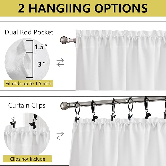 White Kitchen Curtains 24 Inch Length 2 Panels, Light Filtering Faux Linen Textured Short Curtains Tier for Windows, Small Curtain for Cafe Cabinet Bathroom Basement RV Camper, 30Wx24L Inch