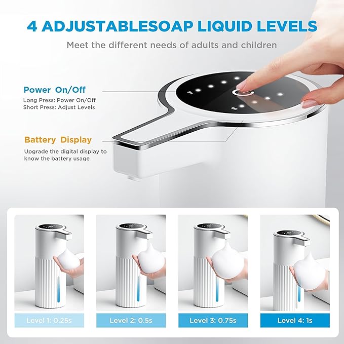 Automatic Soap Dispenser Foaming Touchless:14.2oz White Plastic - Rechargeable Electric Smart 4 Level Adjustable Auto Hand Soap Dispenser - Dish Bathroom Kitchen