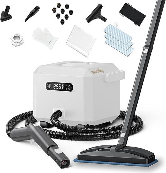Steam Cleaner: 1650W, Fast 50-Sec Heat-Up-21-Piece Kit Refill Anytime-No Cooling-Detachable Hose Steamer Mop for Home Use Car Bed Furniture Bathroom Tile Grout Floor Cleaning And More White