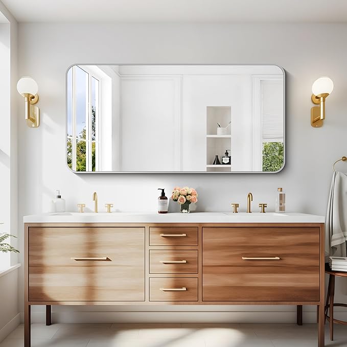 24" x 48"Bathroom Mirror, Sliver Wall Mirror with Metal Frame, Decorative Rectangular Vanity Mirror for Bedroom Bathroom Living Room Entryway (Horizontal/Vertical)