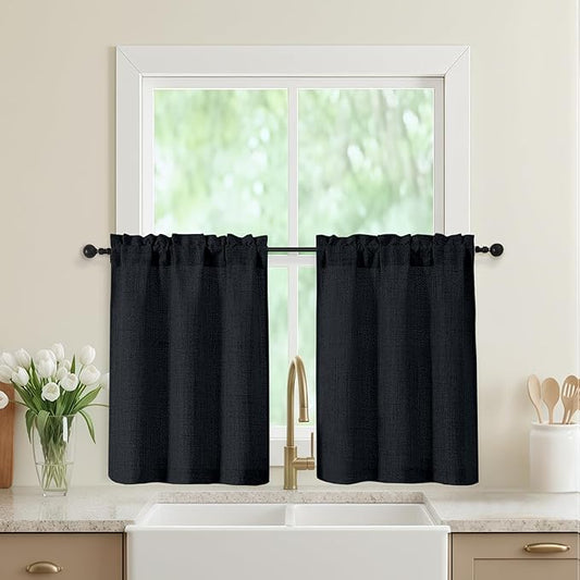 Black Kitchen Curtains 30 Inch Length 2 Panels, Light Filtering Farmhouse Linen Textured Small Short Curtains Over Sink, Half Curtain Tiers for Cabinet Bathroom Cafe Basement, 30Wx30L Inch