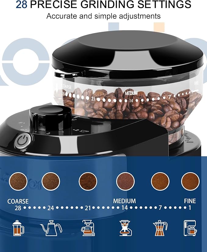 Burr Coffee Grinder Electric - Adjustable Burr Grinder with 28 Precise Grind Settings for 12 Cups - Coffee Grinders for Home Use - Professional Coffee Bean Grinder - Stainless Steel