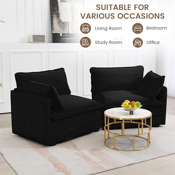 ROWHY Sectional 2 Seat Cloud Loveseat with 2 Throw Pillows, Modern Corduroy Love Seat Sleeper Bed, Convertible Cozy Sofa for Living Room and Office, Black