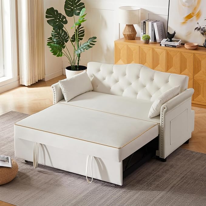 57'' Convertible Sleeper Sofa Bed with Adjustable Backrest, Chaise Lounge,2 Pillows & Side Storage Pockets – Stylish & Functional Furniture for Living Room or Small Spaces (White Sofa Bed)