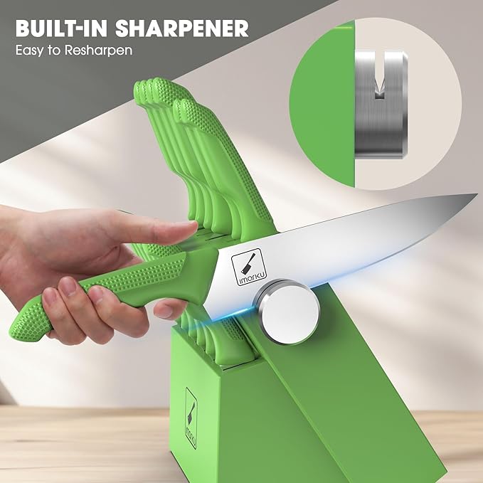 imarku® Knife Set with Block, Sharp Knife Sets with Built-in Sharpener, Japanese Stainless Steel Kitchen Knife Set with Non-Slip Ergonomic Handle, Dishwasher Safe, Best Holiday Gift, Teal Green