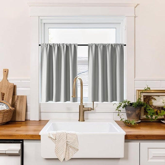 RYB HOME 100% Blackout Bathroom Curtains Over Sink 30 inches Long, Heat & UV Blocking Total Room Darkening Noise Reducing Curtains for Basement RV Campers, Sliver Grey, 2 Panels Set