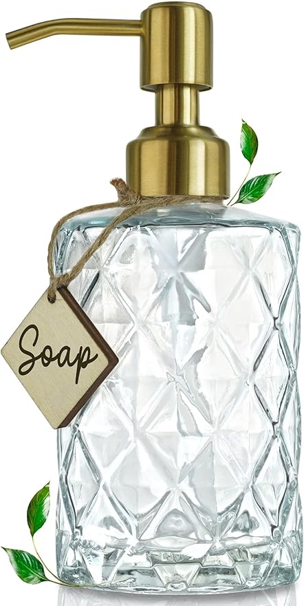 JASAI Diamond Design Glass Soap Dispenser with Golden Pump, Refillable Hand soap Dispenser for Kitchen, Soap Dispenser Bathroom for Soap, Hand soap, Dish Soap, Lotion.