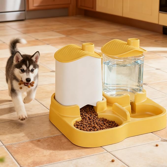 Automatic Cat Feeder, Dog Food and Water Bowl Set, Automatic Pet Feeder and Waterer Combo, 4L Cat Food Dispenser With, Gravity-Based Feeder for Cats and Small Dogs, No Need Electricity (Yellow)
