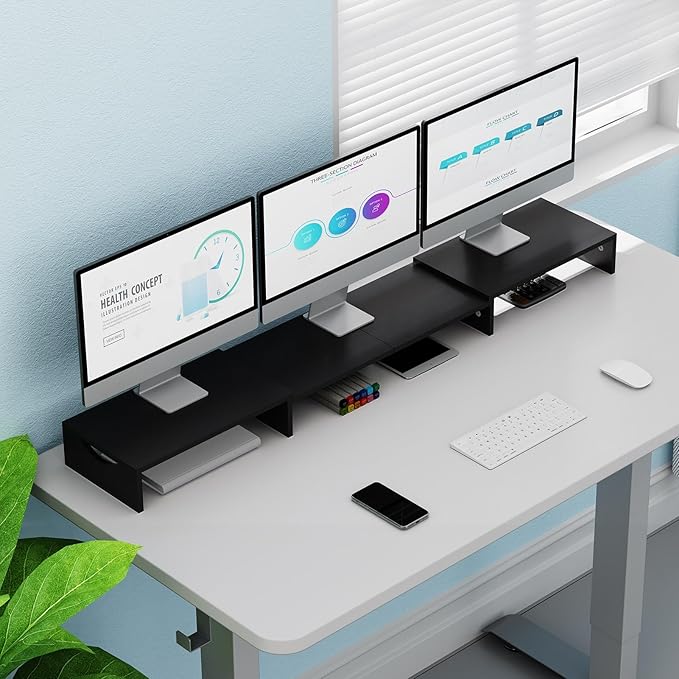 Triple Monitor Stand Riser, Extra Long Monitor Riser for 1~2~3 Monitors, Dual Monitor Stand with Length and Angle Adjustable, 3 Shelf Monitor Stand for Desk