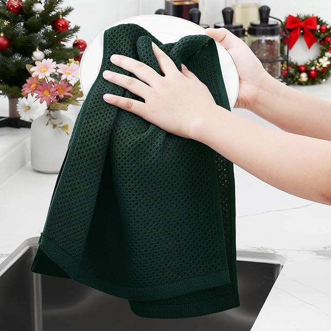 Homaxy 100% Cotton Waffle Weave Kitchen Dish Towels, Ultra Soft Absorbent Quick Drying Cleaning Towel, 13 x 28 Inches, 12-Pack, Blackish Green