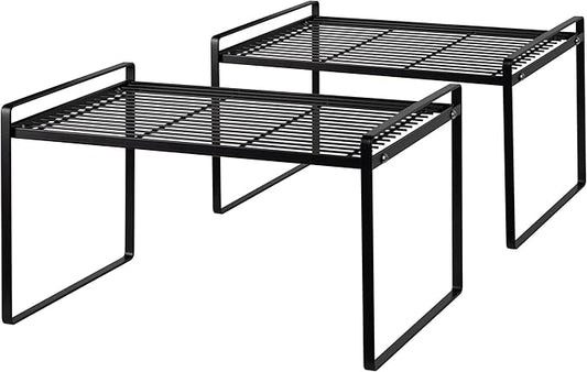 2Pack Kitchen Cabinet Shelf Counter Organizer Rack Pantry Storage Bathroom Bedroom Office Table Desk Space Saving Stackable Rust Resistant Non Slip Black Tall Wide L13.1in W10.6in H9.5in