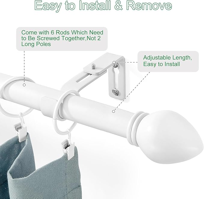 Curtain Rods for Windows 16 to 92 inches, Curtain Rod Max Adjustable Length to 104 in, Drapery Rod 1 inch Diameter with Modern Knobs Finials (White, 16" to 92" - Set of 1)