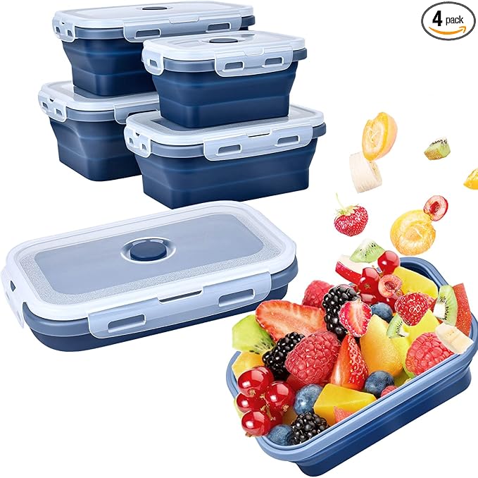 Collapsible Silicone Food Storage Container, Meal Prep Food Storage Containers with Lids, Lunch Containers Collapsible Bowls Sets for Microwave, Oven, Freezer and Dishwasher, BPA Free, Dark Blue