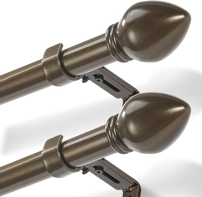 Curtain Rods for Windows 16 to 76 inches, Curtain Rod Max Adjustable Length to 88 in, Drapery Rod 1 inch Diameter with Modern Knobs Finials (Brown, 16" to 76" - Set of 2)