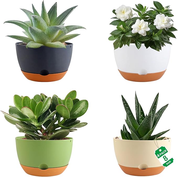 4 Pack Self Watering Pots for Indoor Plants,8 Inch Plant Pot Outdoor Plastic Flower Pot with Drainage and Saucers(White+Grey+Green+Beige)