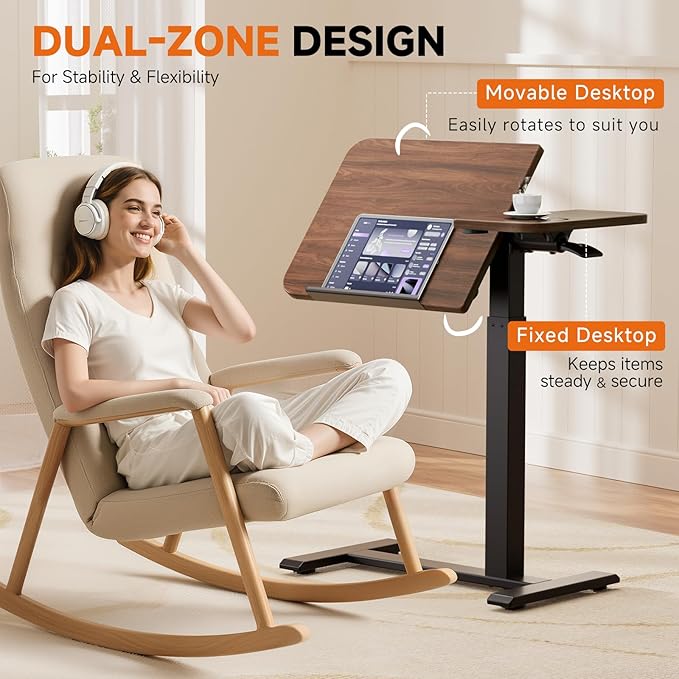 COMHOMA Tiltable Mobile Small Standing Desk, Pneumatic Adjustable Height Overbed Bedside Table with Wheels, Sit Stand Portable Rolling Laptop Desk Computer Workstations, Walnut