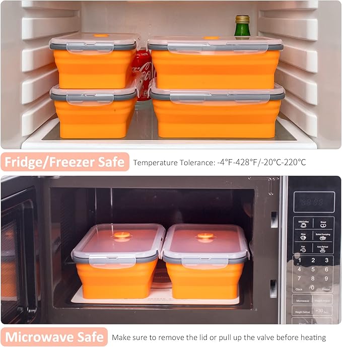 Collapsible Food Storage Containers with Airtight Lid & Vent, 40.5 oz, Kitchen Stacking Silicone Collapsible Meal Prep Container Set for Leftover, Microwave Freezer Dishwasher Safe, Orange, Set of 4
