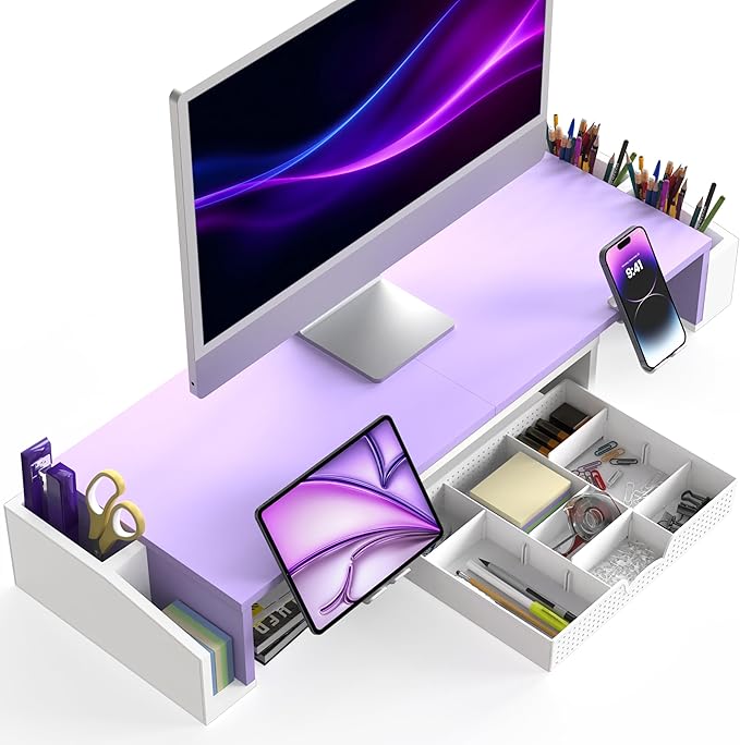 Simple Houseware Desk Dual Monitor Stand Riser with Drawer, Purple