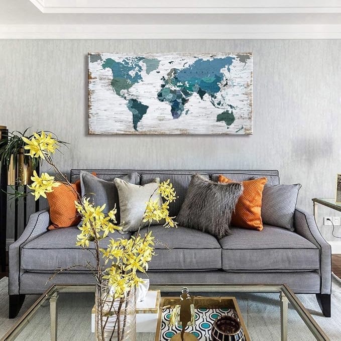 Teal Decor World Map Canvas Wall Art Pictures for Living Room Decoration Blue Wall Decor Office World Map Art Map of the world Picture Framed Artwork for Home Bedroom Decoration 20"x40"