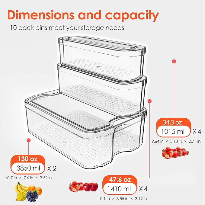 Fridge Organizers and Storage, 8 Pack Clear Freezer Organizer Bins with Lids for Kitchen, Pantry, Refrigerator, Food, Fruit, Vegetable Storage (8 Bins Include A Pull-out Drawer)