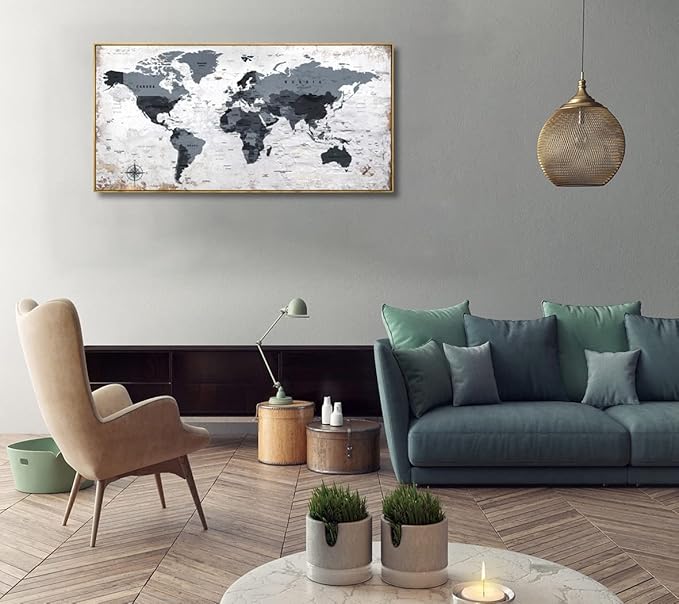 Framed wall art World Map Wall Art Canvas Picture 30inchx60inch Large Black and white Map of The World Canvas Painting Artwork Prints for Office Wall Decor Home Living Room Decorations Framed Ready to Hang