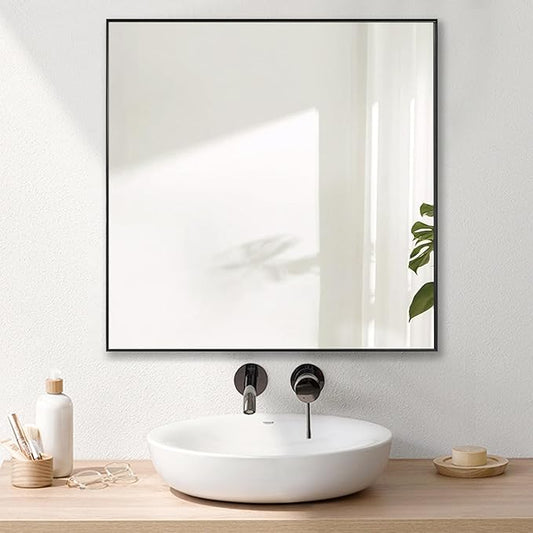 24x24 Inch Black Bathroom Mirror, Copper-Free Mirror, Aluminum Alloy Frame Vanity, Rectangle Wall Mounted Modern Mirror for Bedroom/Living Room/Porch Horizontal or Vertical
